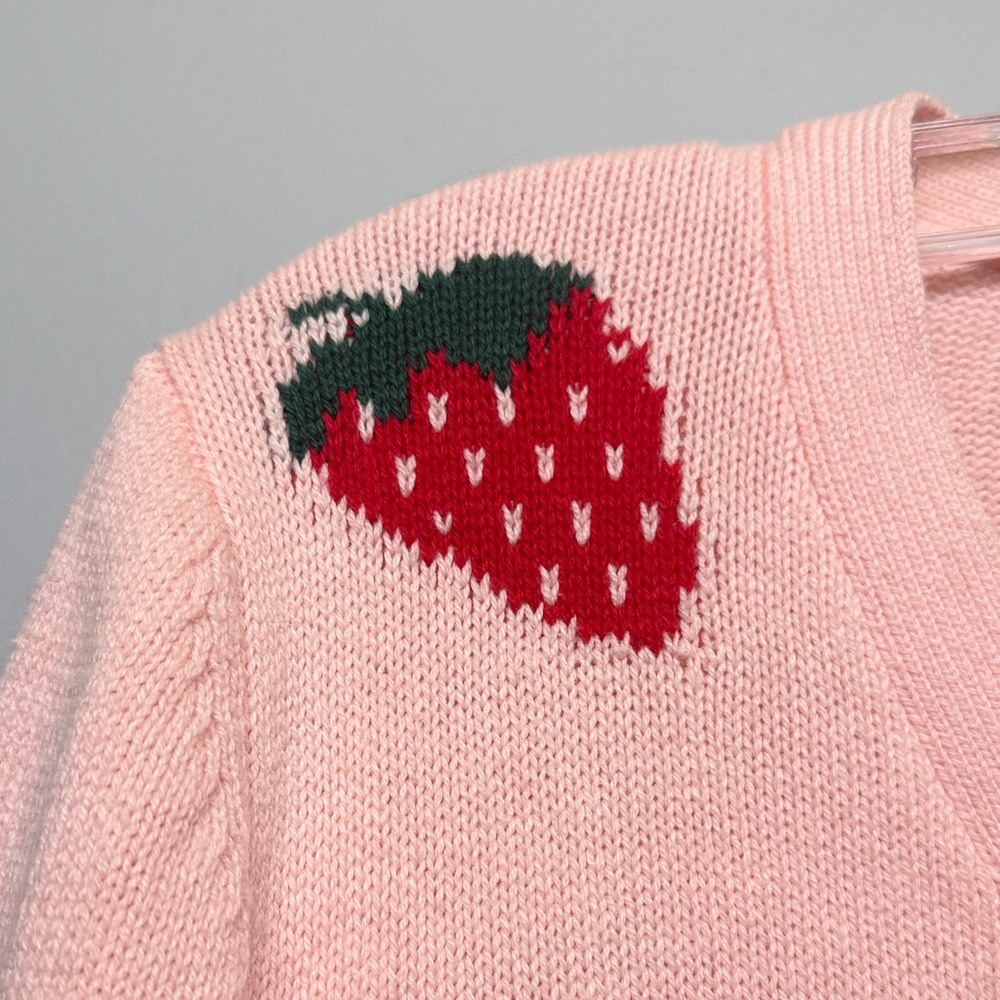 Y2K Inspired Strawberry Print Cotton Knit Crop Button Kawaii Coquette Cardigan - Picture 3 of 7